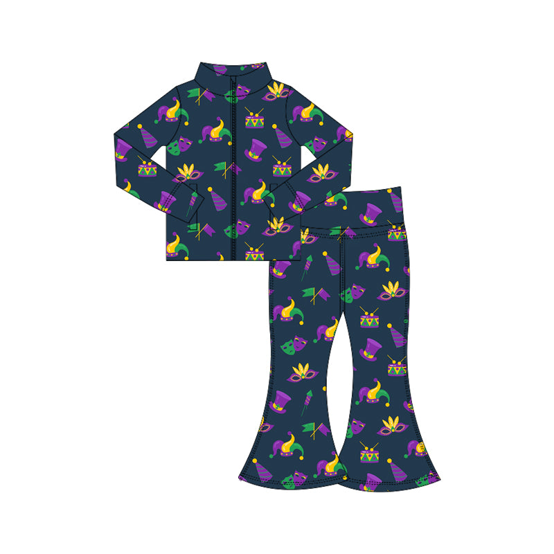 Baby Girls Mardigras Anchors Masks Zipper Jacket Bell Bottom Pants Yoga Clothes Sets Preorder