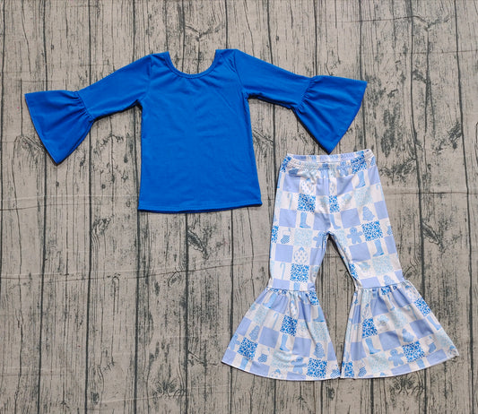 Baby Girls Blue Top Santa Gingerbread Bell Bottom Pant Christmas Clothes Set