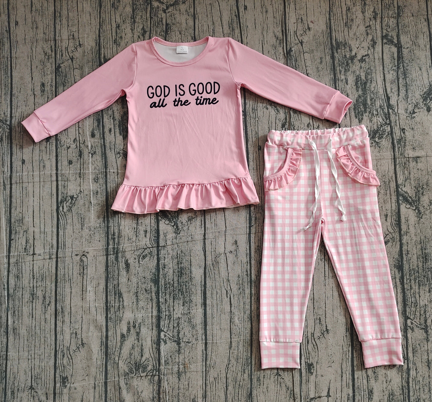 Baby Girls God is Good Ruffle Top Checked Pockets Jogger Pants Clothes Sets