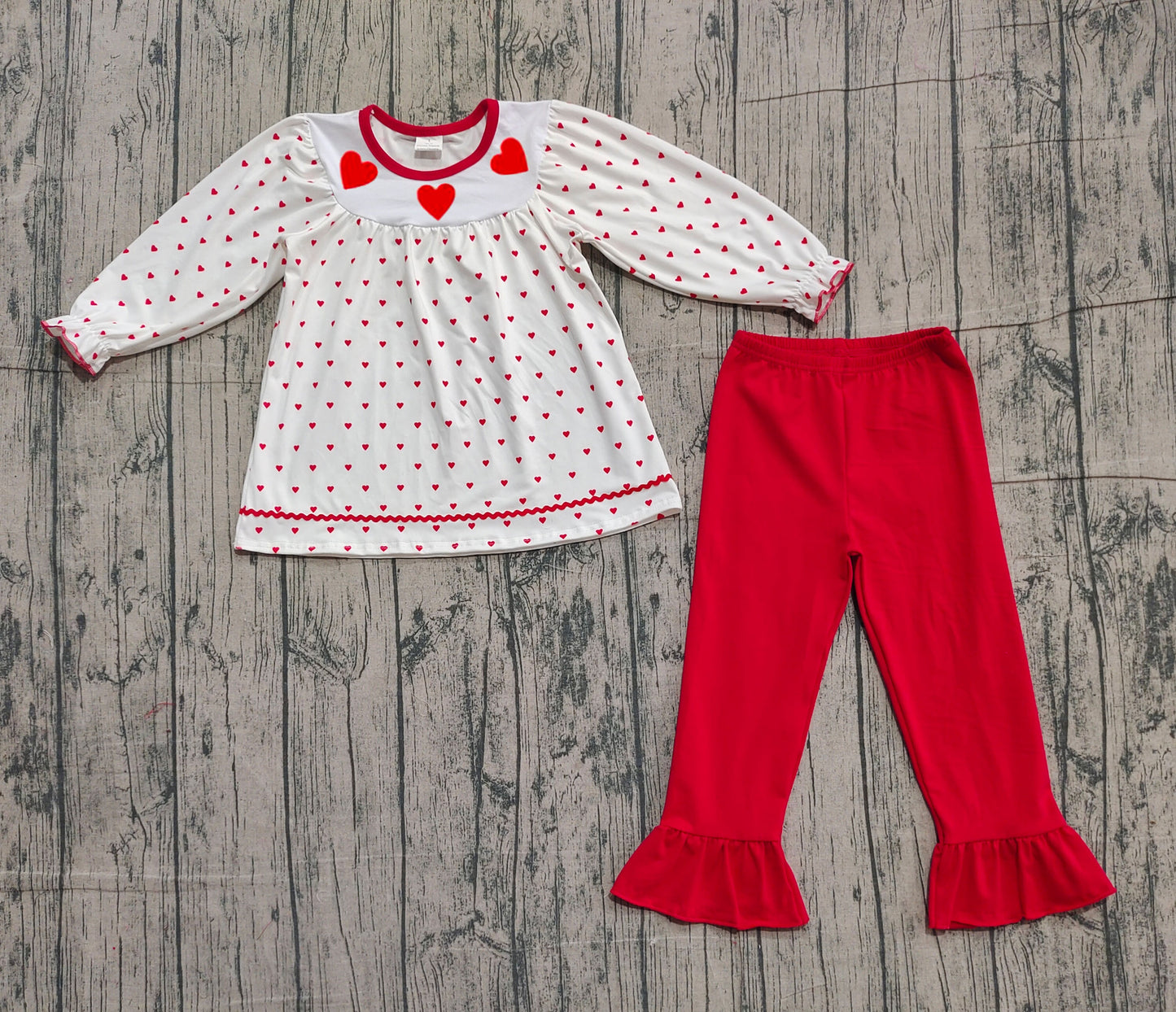 Embroidery Hearts Baby Girls Hearts Plaid Tunic Ruffle Pants Valentine Clothes Sets Preorder