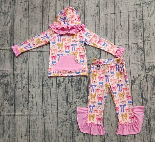 Baby Girls Colorful Bows Pockets Ruffle Hoodie Bell Bottom Pants Clothes Sets