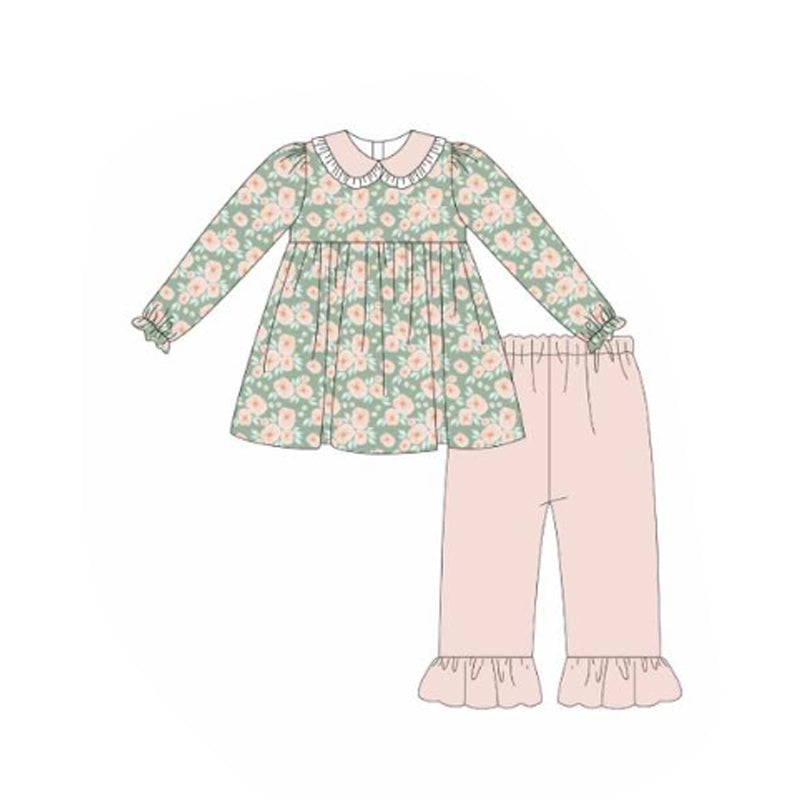 Baby Girls Pink Flowers Collar Tunic Ruffle Pants Clothes Sets Preorder