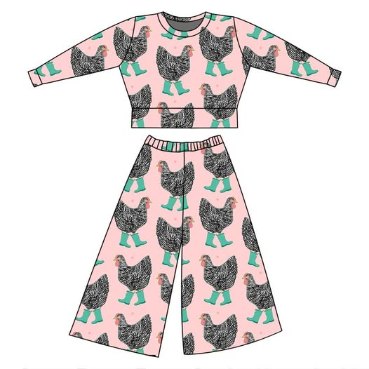 Baby Girls Pink Chicks Boots Top Flare Pants Farm Clothes Sets Preorder