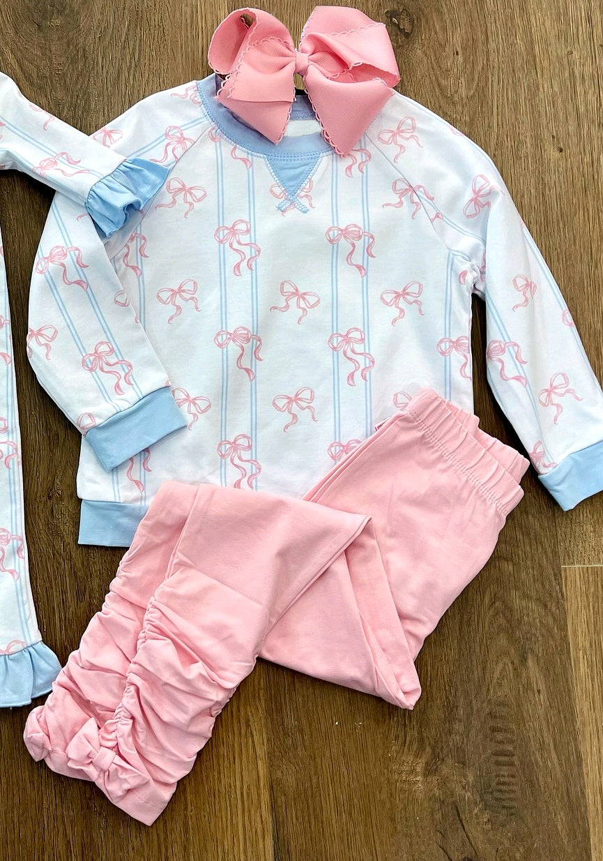 Baby Girls Pink Bows Stripe Top Ruffle Legging Pants Clothes Sets Preorder