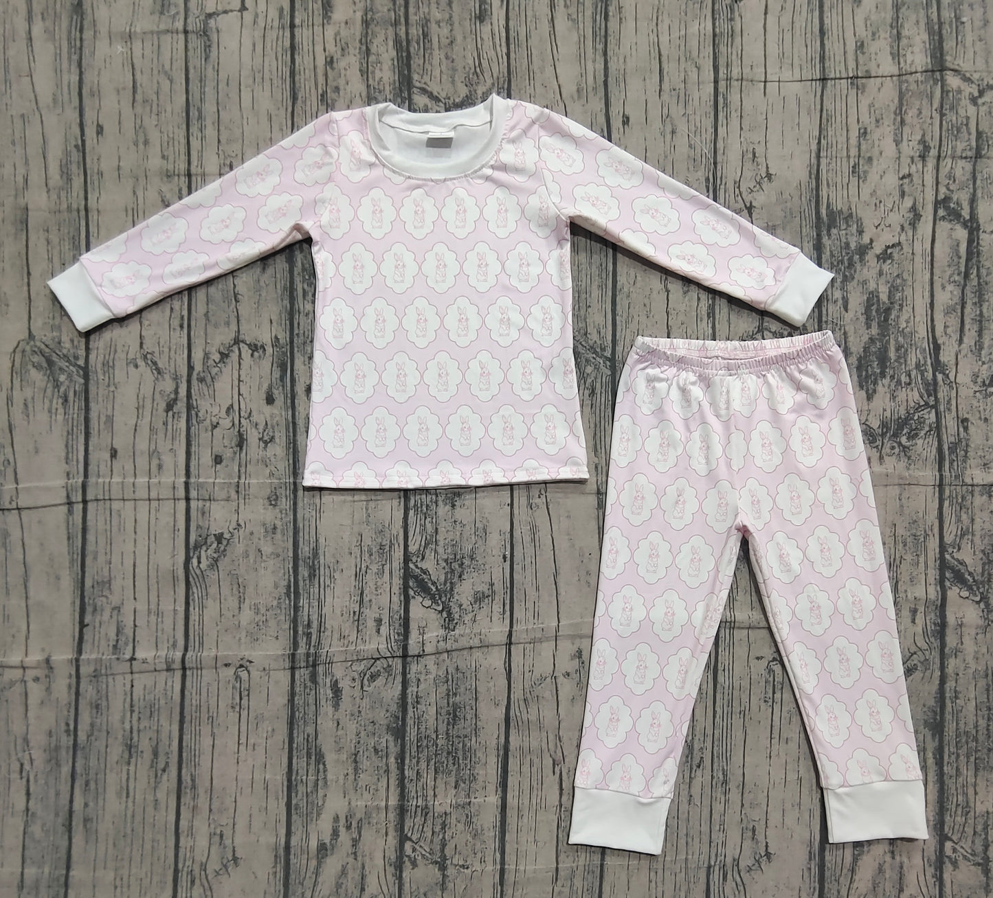 Baby Girls Pink Rabbits Eggs Checked Top Pants Easter Pajamas Sets