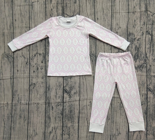 Baby Girls Pink Rabbits Eggs Checked Top Pants Easter Pajamas Sets