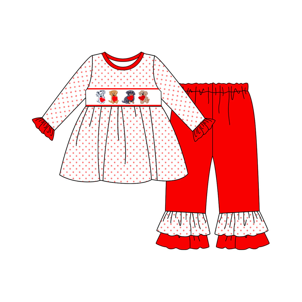 Baby Girls Hearts Dogs Polka Dots Tunic Ruffle Pants Valentine Clothes Sets Preorder