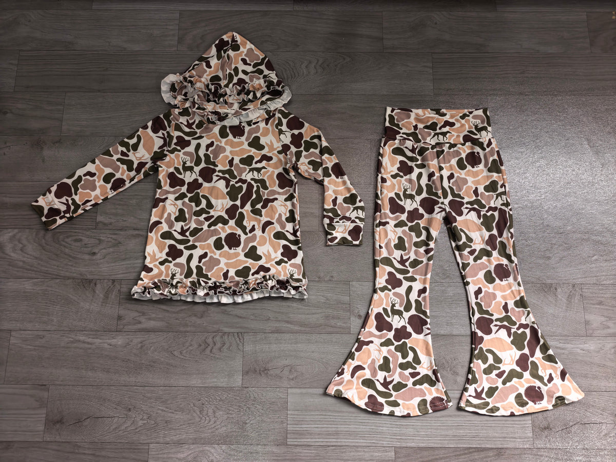 Baby Girls Ducks Deer Camo Ruffle Hoodies Bell Bottom Pants Hunting Clothes Sets