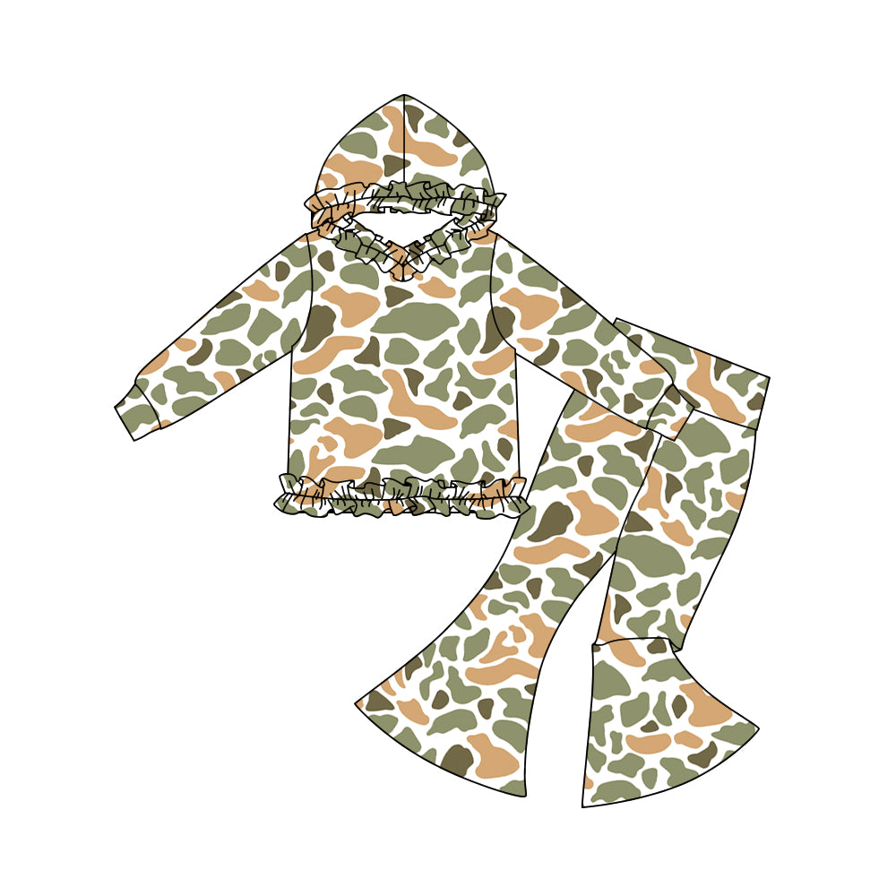 Baby Girls Green Orange Camo Ruffle Hoodies Bell Bottom Pants Southern Clothes Sets Preorder