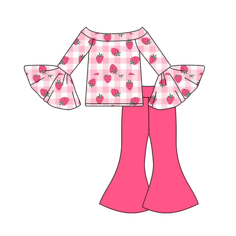 Baby Girls Pink Checked Strawberry Top Bell Bottom Pants Clothes Sets Preorder
