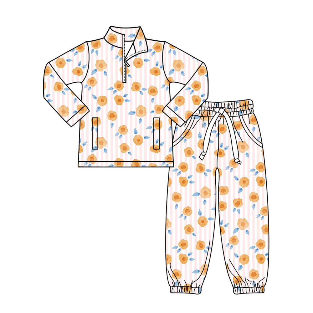 Baby Girls Pink Stripe Flowers Zipper Pockets Pullovers Jogger Clothes Sets Preorder