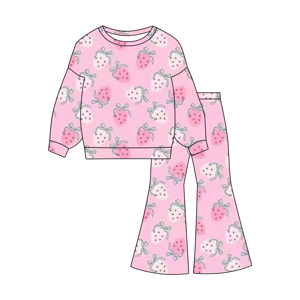 Baby Girls Pink Bows Strawberry Top Flare Pants Clothes Sets Preorder