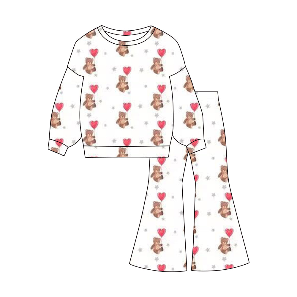 Baby Girls Heart Balloons Bears Top Flare Pants Valentine Clothes Sets Preorder