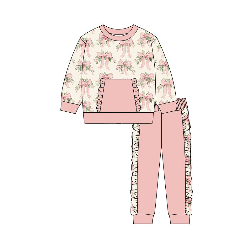 Baby Girls Pink Bows Flowers Pocket Top Ruffle Pants Clothes Sets Preorder