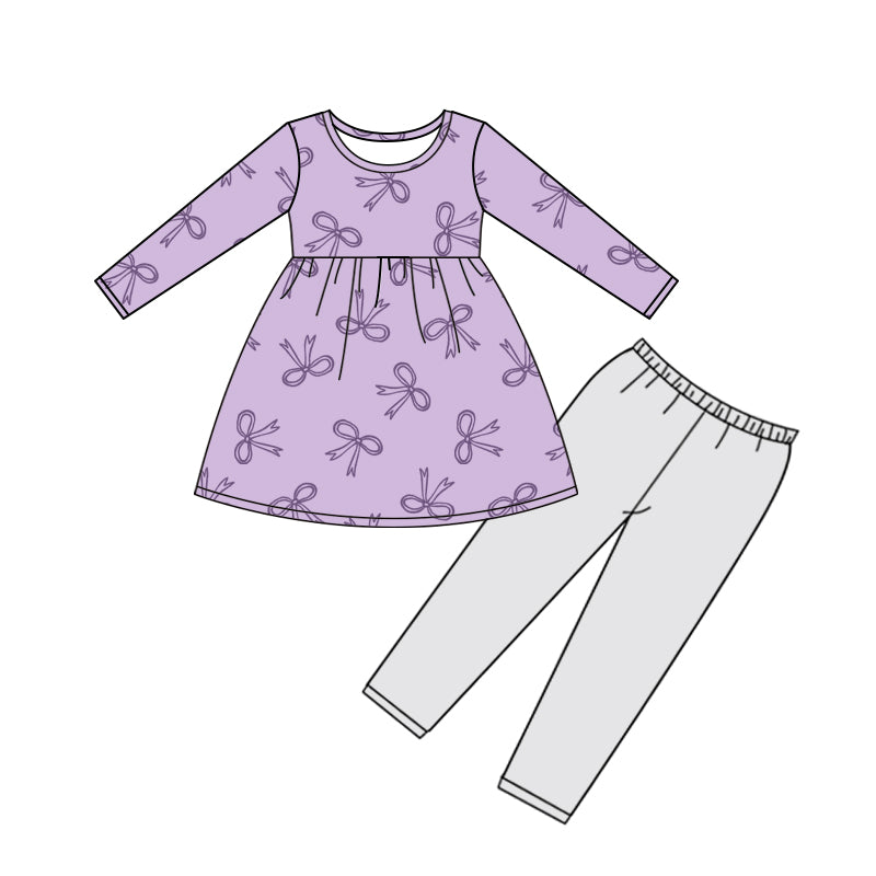 Baby Girls Lavender Bows Plaid Tunic Leggings Pants Clothes Sets Preorder