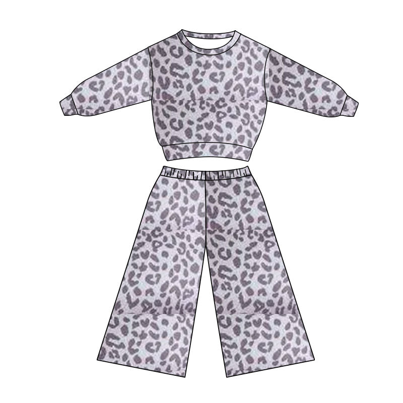Baby Girls Grey Leopard Long Sleeve Top Flare Pants Clothes Sets Preorder