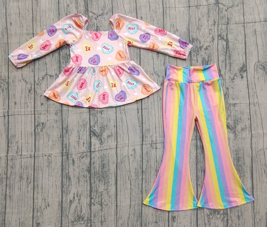 Baby Girls Colorful Hearts Tunic Stripe Bell Bottom Pant Valentines Clothes Sets