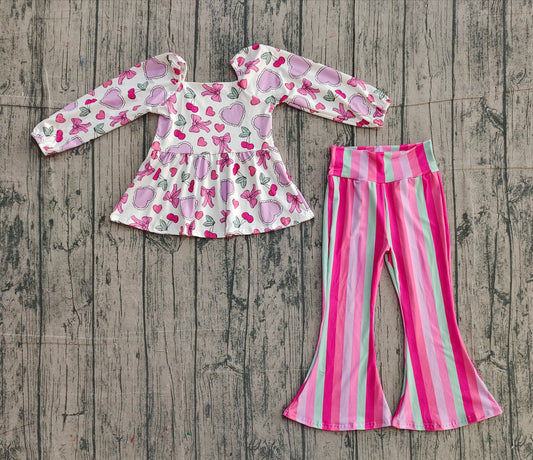Baby Girls Colorful Hearts Tunic Stripe Bell Bottom Pant Valentines Clothes Sets