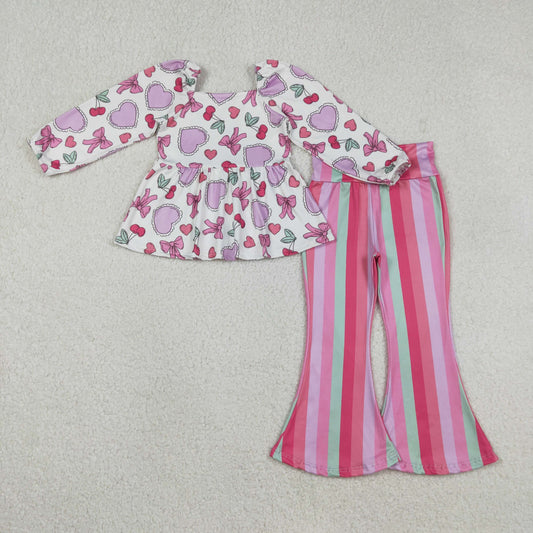 Sibling Baby Girls Colorful Hearts Bows Tunic Stripe Bell Bottom Pants Valentines Clothes Sets