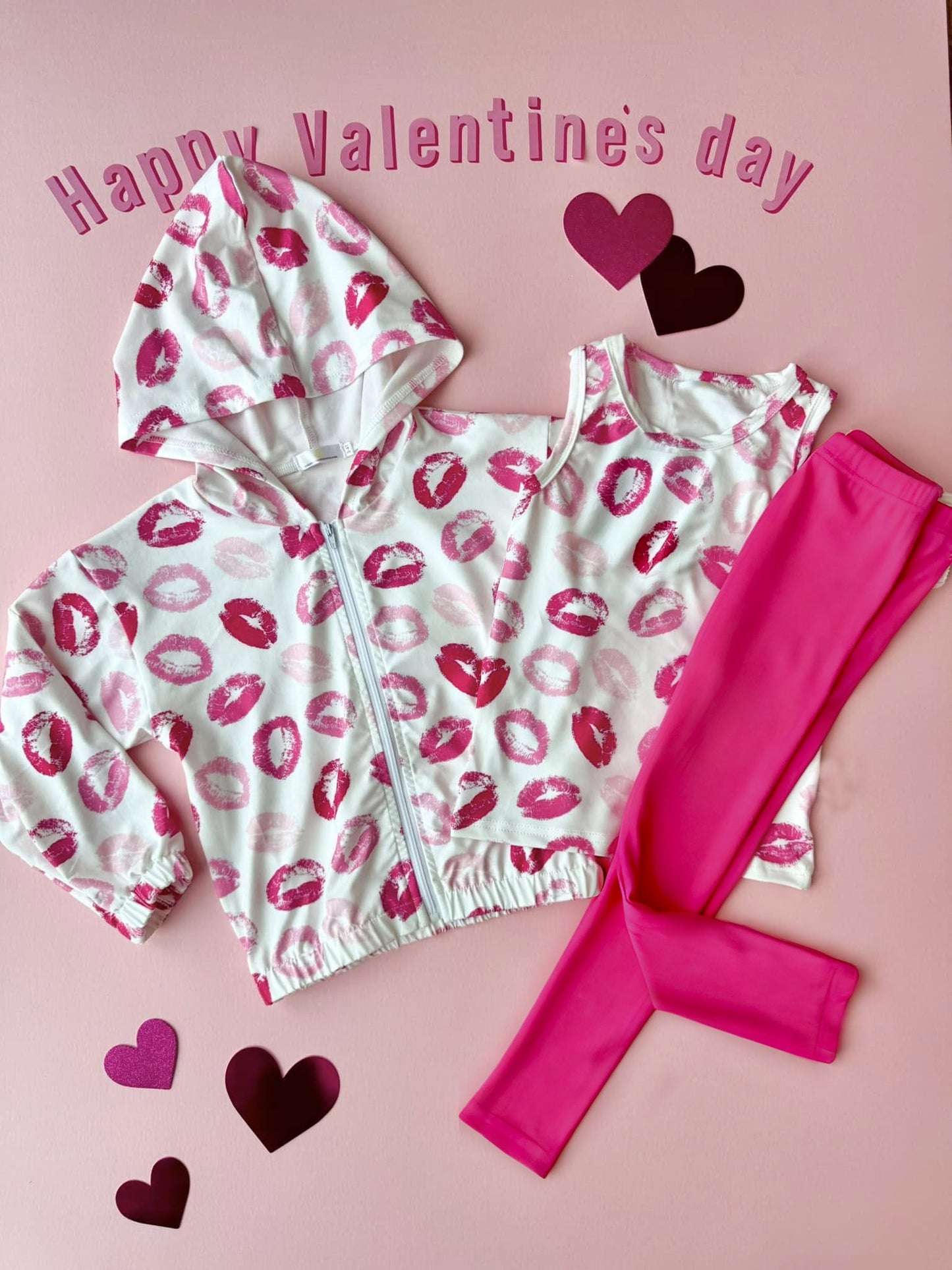 Baby Girls Pink Mouths Zipper Hoodies Leggings Pant Valentine Clothes Sets Preorder