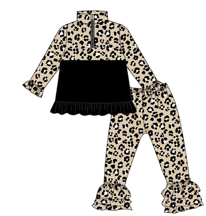 Baby Girls Black Leopard Zipper Pullovers Ruffle Pants Clothes Sets Preorder