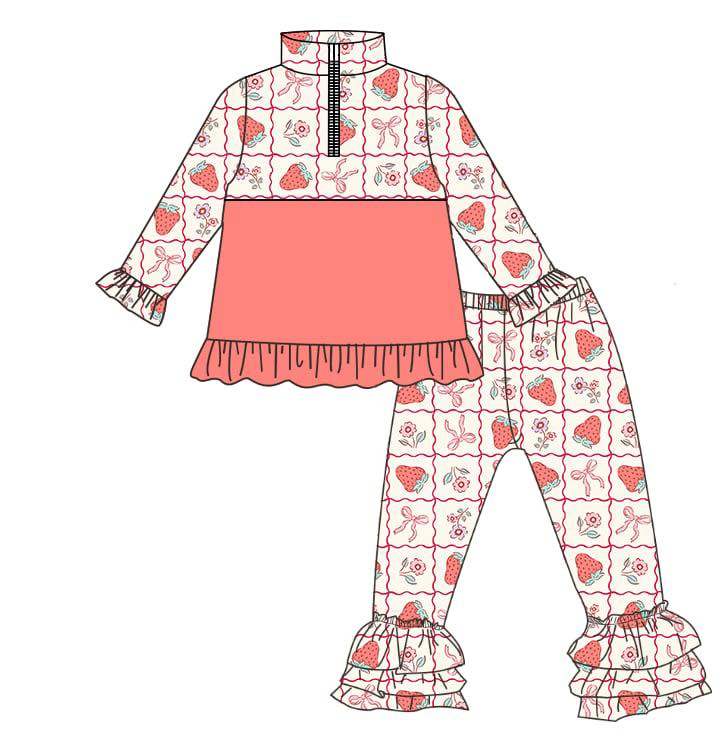 Baby Girls Strawberry Flowers Zipper Pullovers Ruffle Pants Clothes Sets Preorder