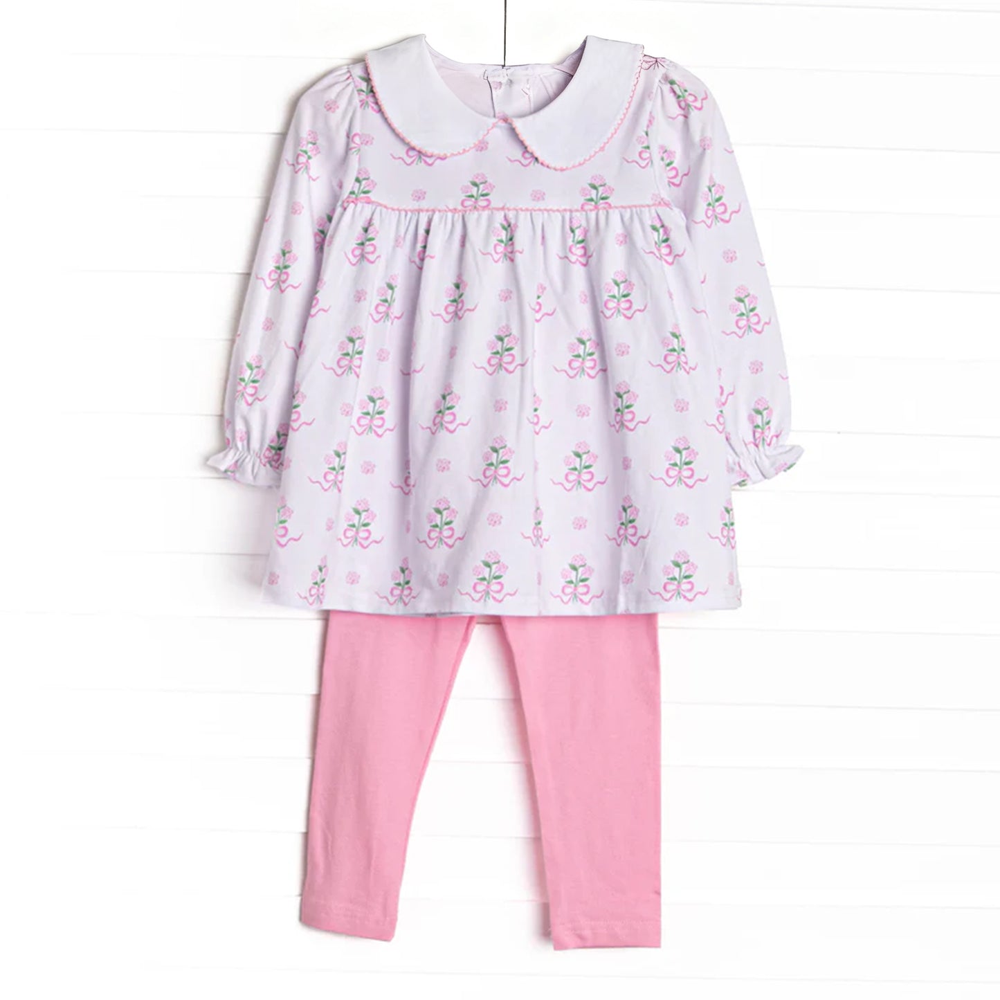 Baby Girls Pink Flowers Bows Tunic Leggings Clothes Sets Preorder