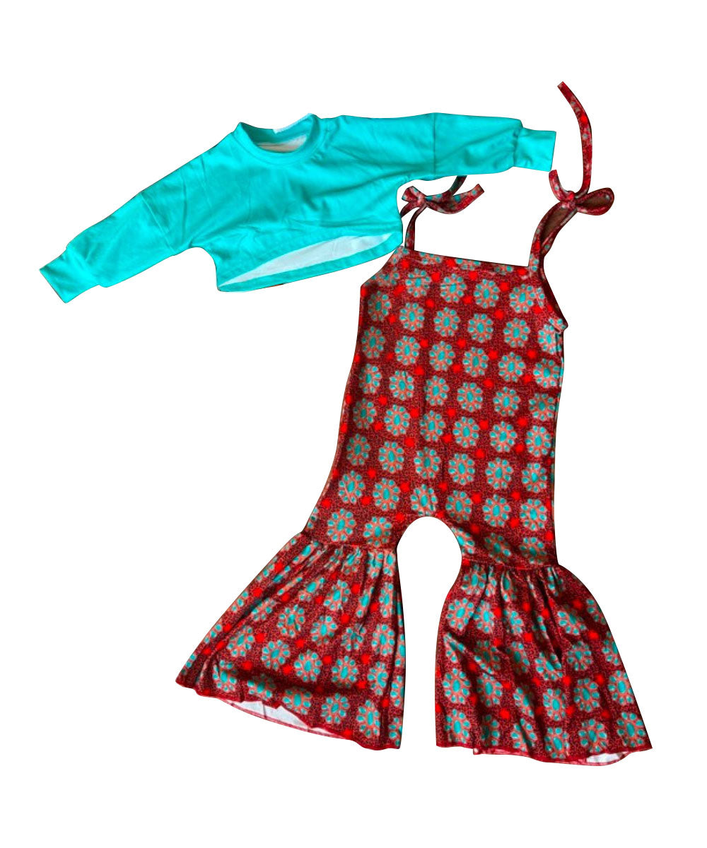 Baby Girls Aqua Shirt Turquoises Bell Bottom Jumpsuits Western Clothes Sets Preorder