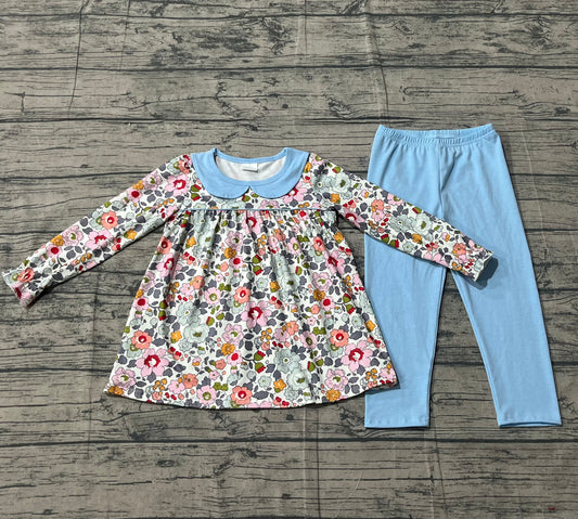 Baby Girls Colorful Flowers Collar Tunic Legging Pants Clothes Sets