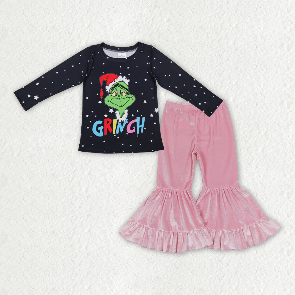 Baby Girls Grin Snowflakes Top Pink Velvet Ruffle Bell Bottom Pants Christmas Clothes Sets