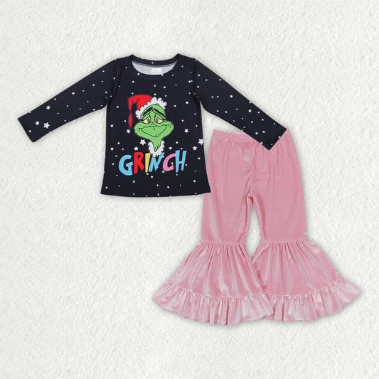 Sibling Baby Girls Christmas Frogs Dogs Shirt Top Velvet Bell Bottom Pant Clothes Sets