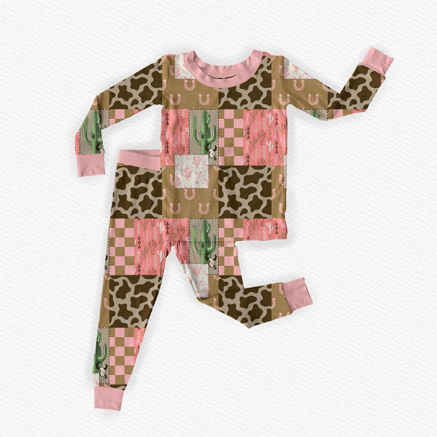 Baby Girls Cactus Cow Print Checked Top Pants Western Clothes Sets Preorder