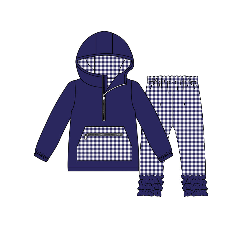 Baby Girls Purple Checked Pocket Zipper Hoodie Ruffle Leggings Clothes Sets Preorder