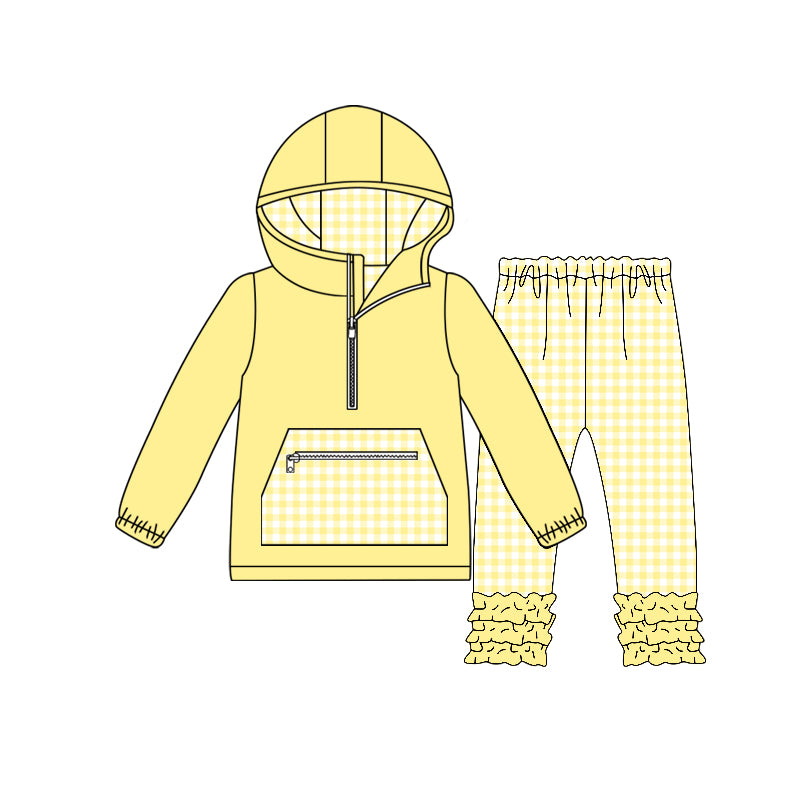 Baby Girls Yellow Checked Pocket Zipper Hoodie Ruffle Leggings Clothes Sets Preorder