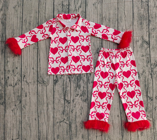 Baby Girls Bow Hearts Checked Button Top Pant Valentines Fur Sleeve Pajamas Sets