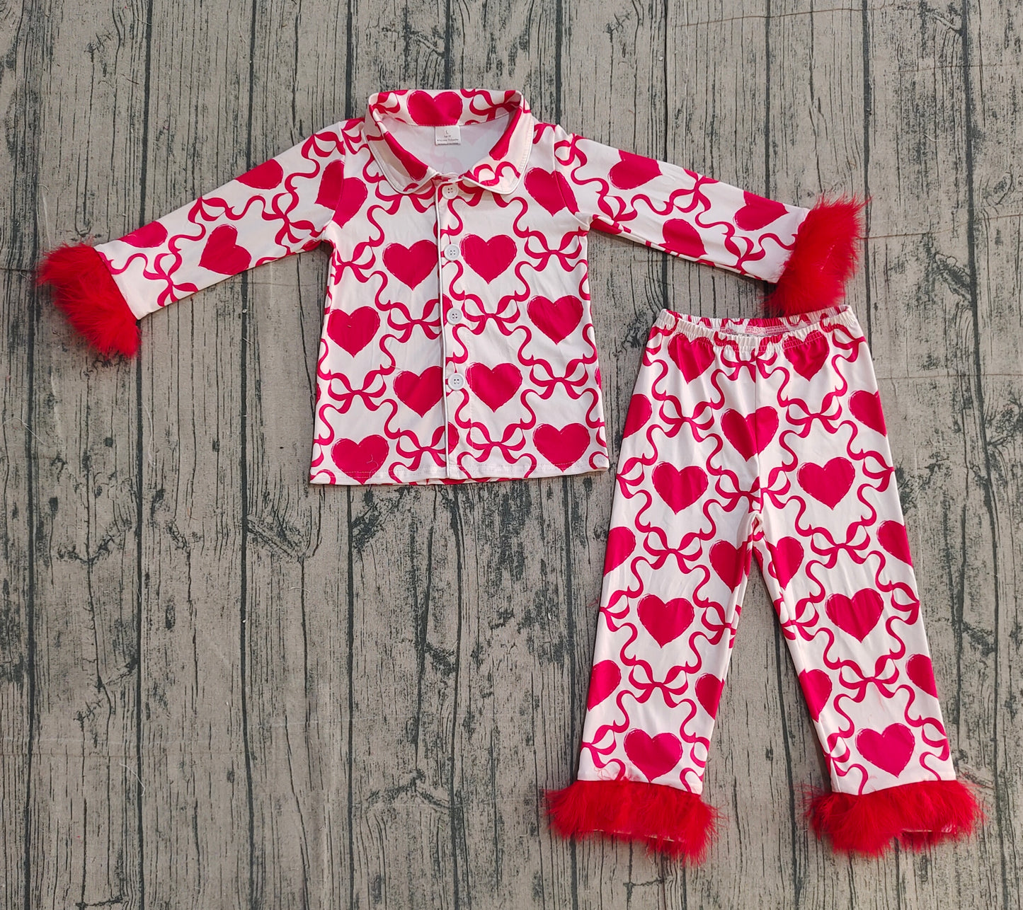 Baby Girls Bow Hearts Checked Button Top Pant Valentines Fur Sleeve Pajamas Sets