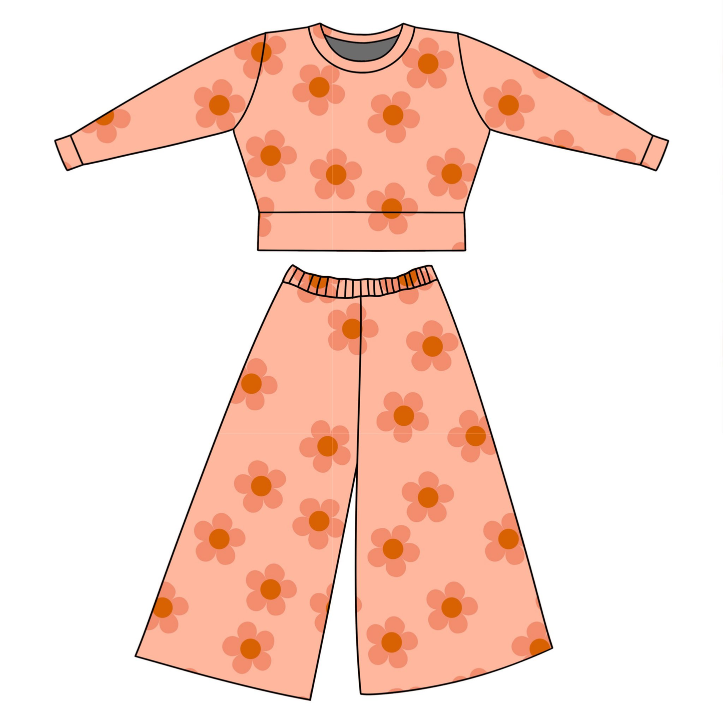 Baby Girls Peach Flowers Top Flare Pants Clothes Sets Preorder