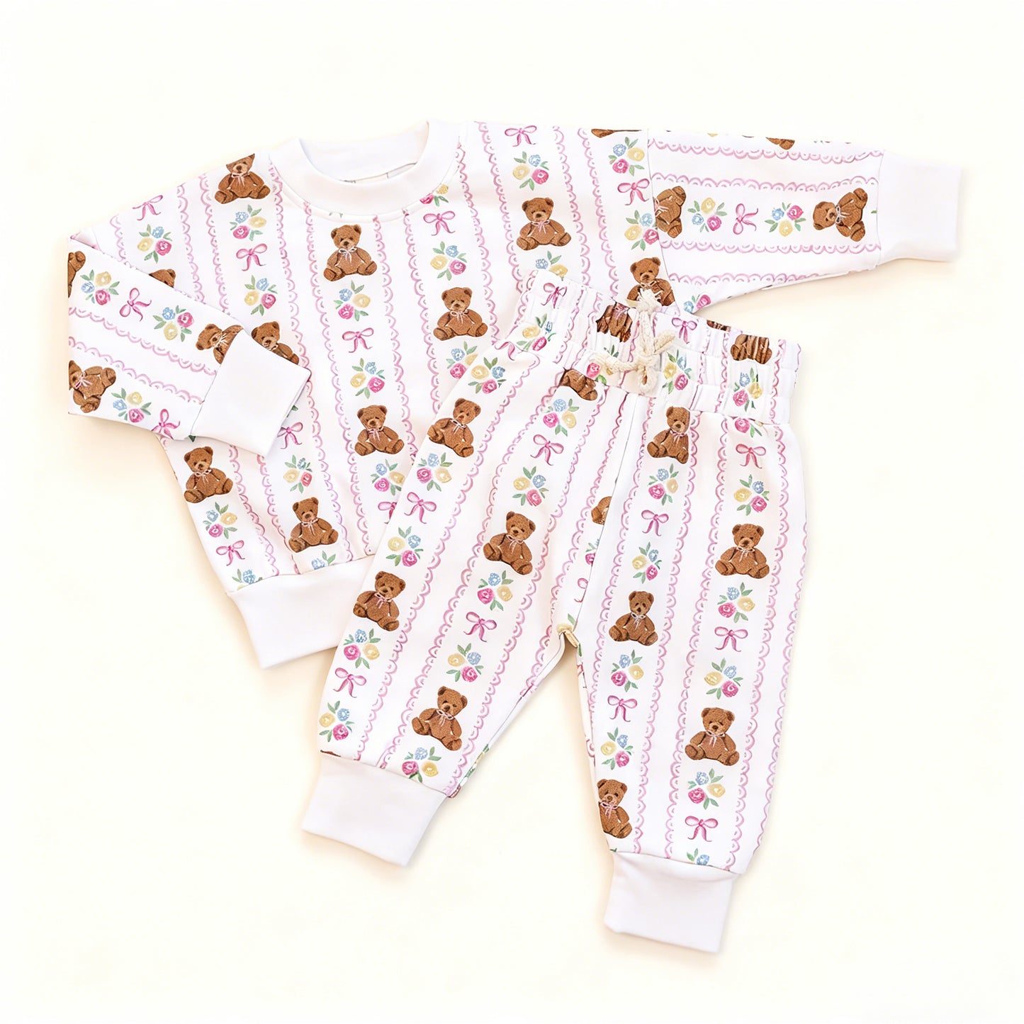 Baby Girls Bears Flowers Bows Stripe Top Legging Pants Valentines Clothes Sets Preorder