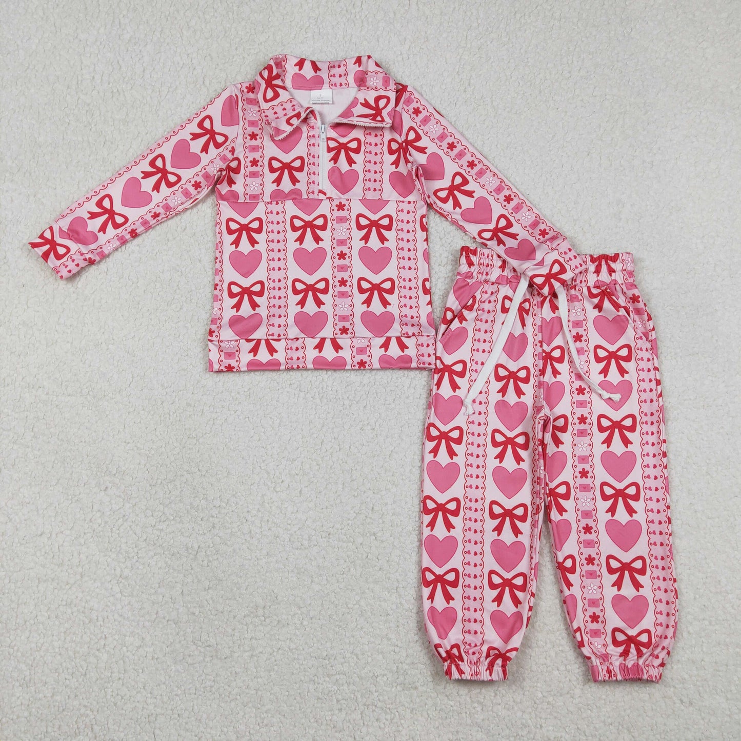 Sibling Baby Girls Bow Heart Flowers Zip Pocket Pullover Joggers Clothes Sets
