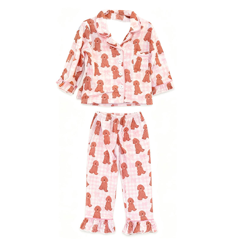 Baby Girls Pink Bows Checked Dogs Button Pocket Top Pajamas Sets Preorder