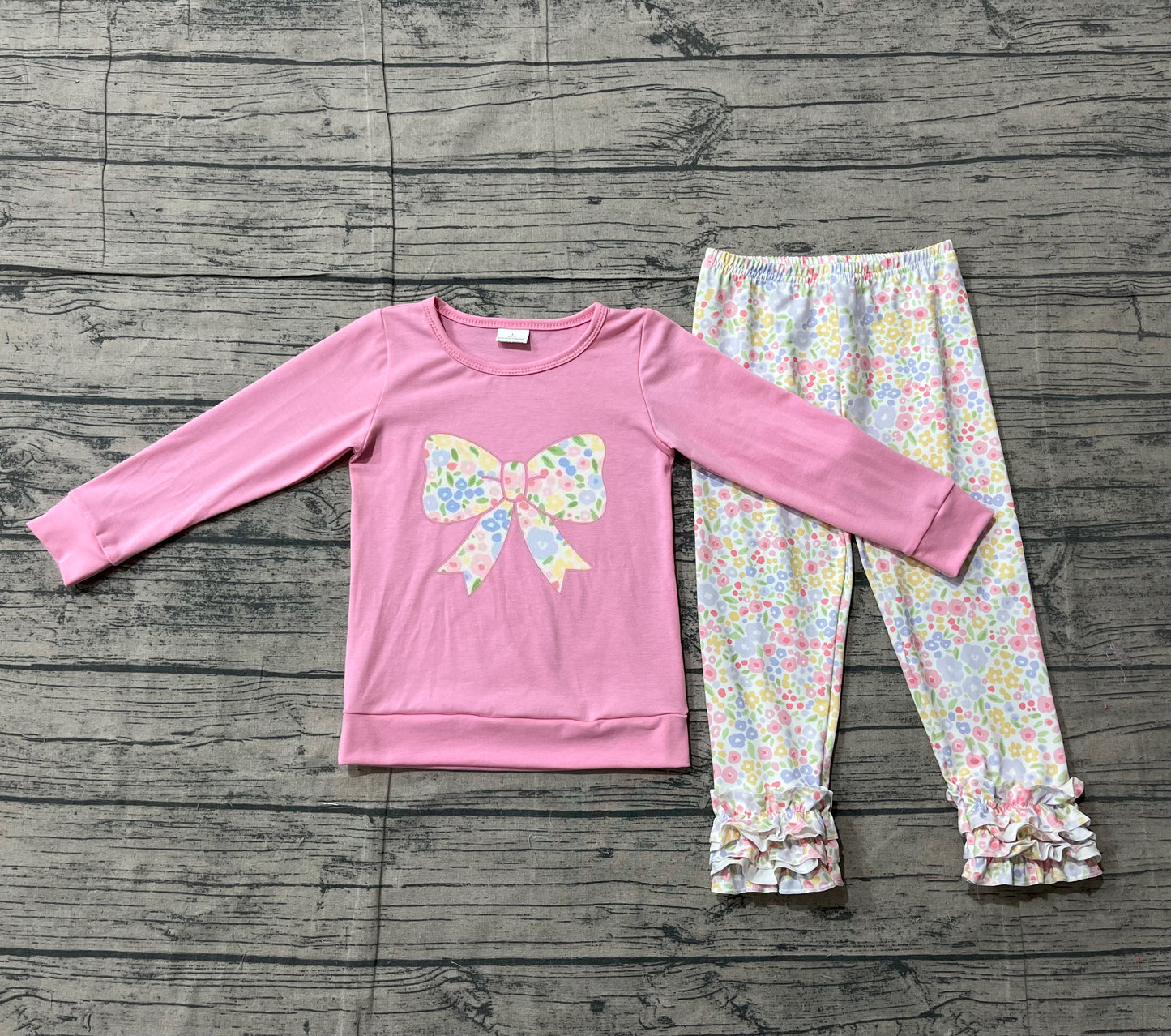 Embroidery Flowers Bows Baby Girls Pink Top Ruffle Leggings Pants Clothes Sets Preorder