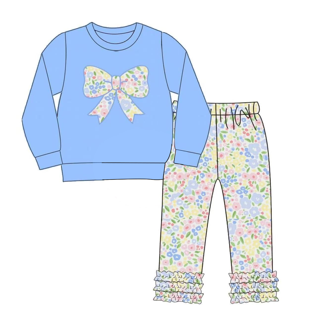 Baby Girls Blue Flowers Bows Top Ruffle Leggings Clothes Sets Preorder