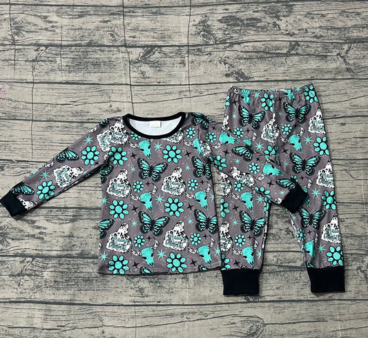 Baby Girls Bull Skulls Butterfly Turquoises Top Pants Western Pajamas Sets