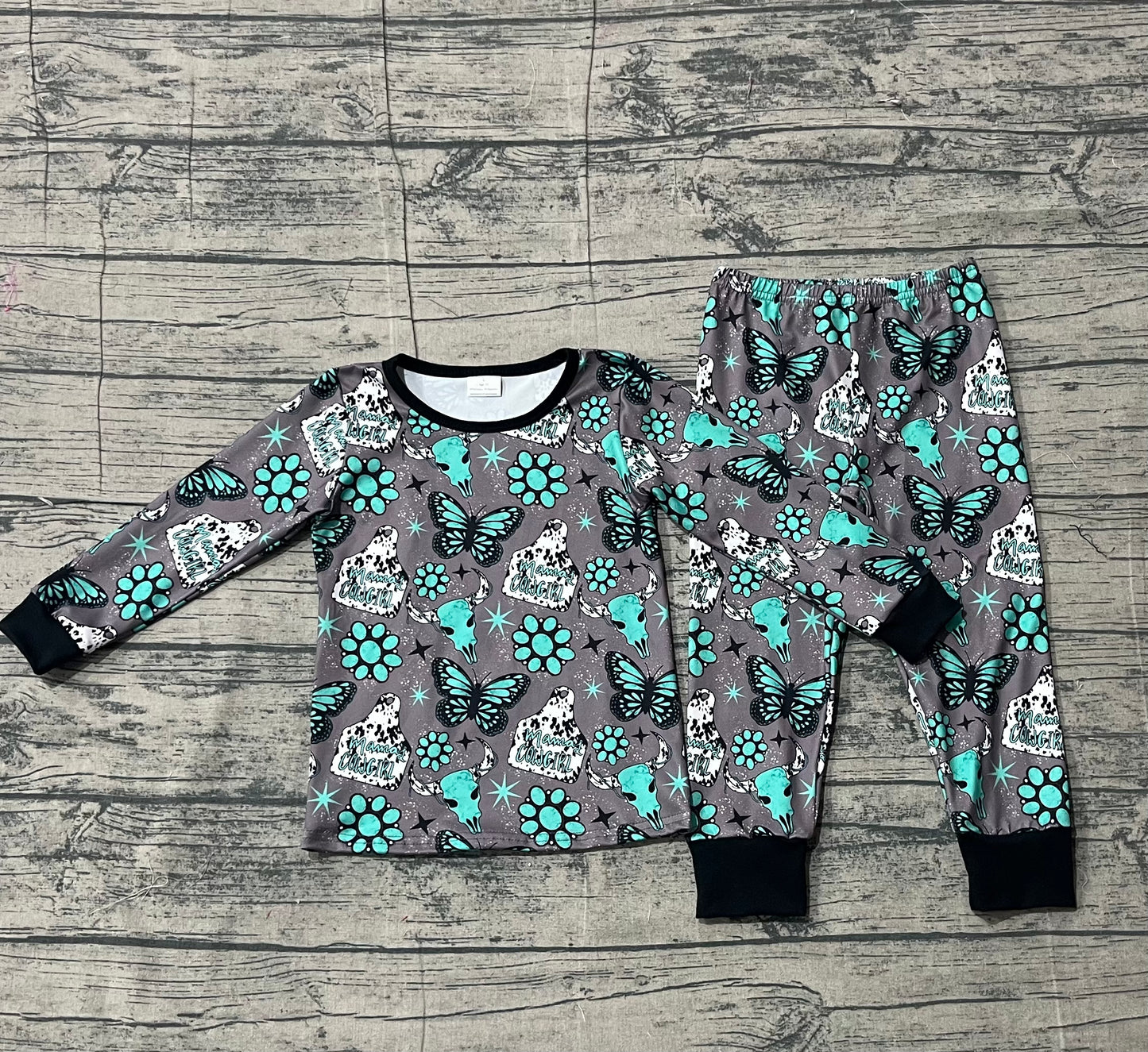 Baby Girls Bull Skulls Butterfly Turquoises Top Pants Western Pajamas Sets