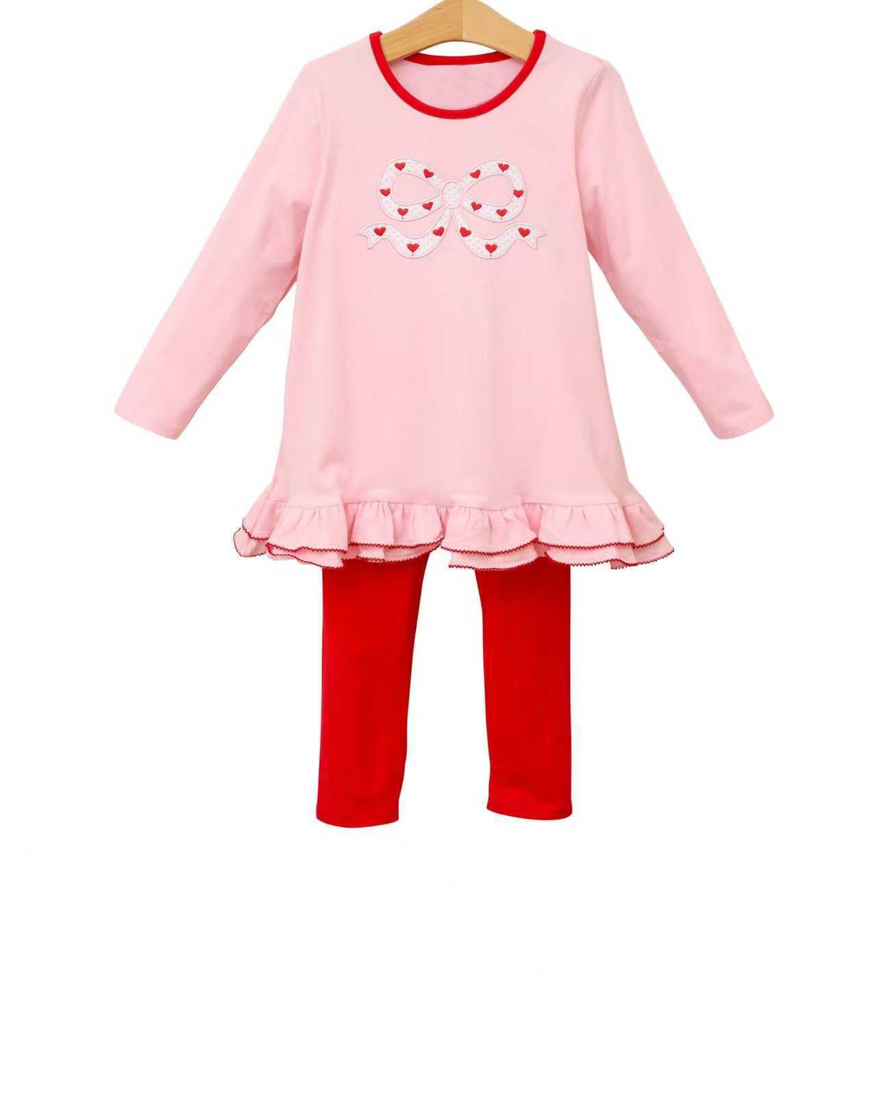 Baby Girls Pink Heart Bows Ruffle Tunic Leggings Valentines Clothes Sets Preorder