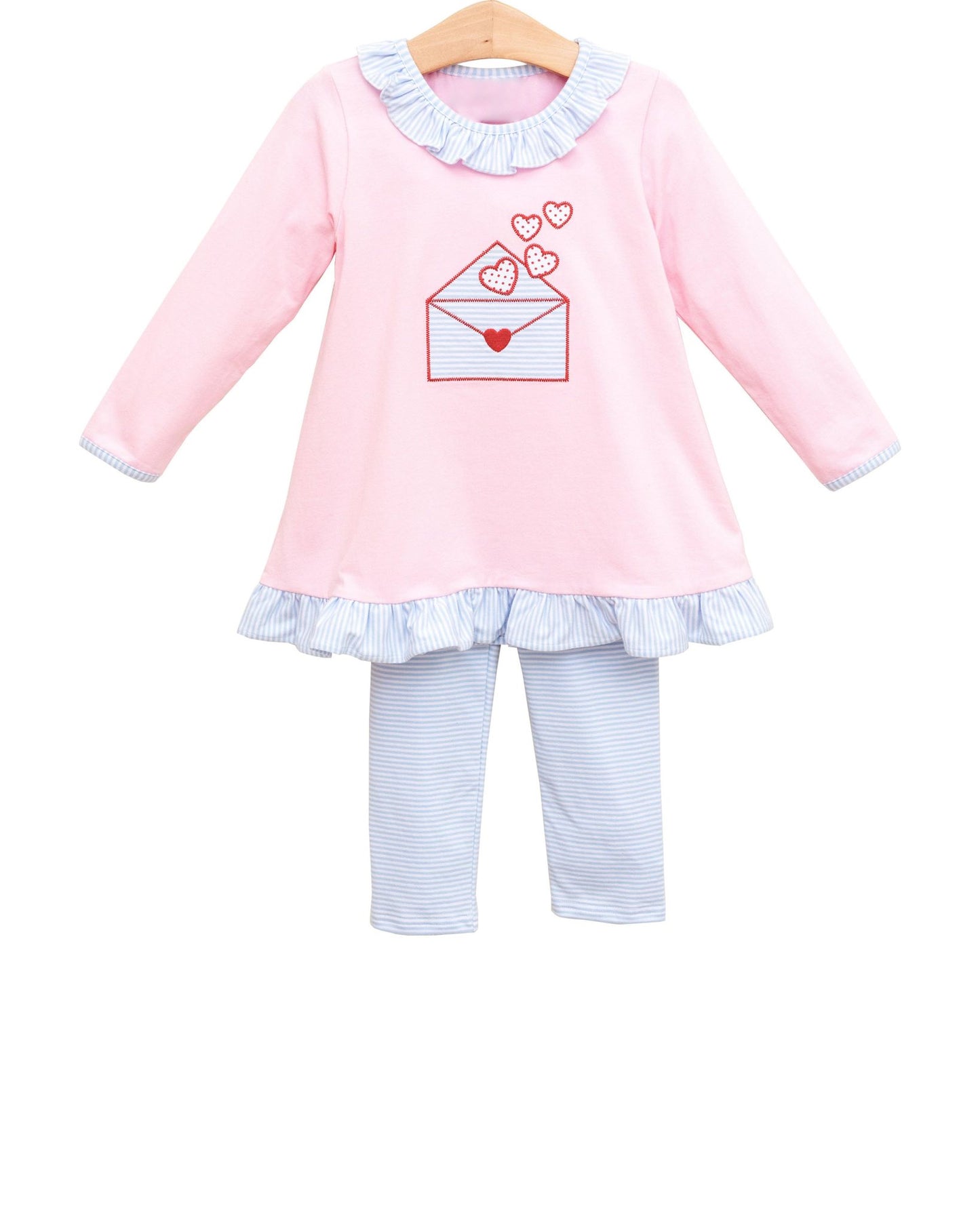 Baby Girls Collar Heart Letters Ruffle Tunic Stripe Leggings Valentines Clothes Sets Preorder