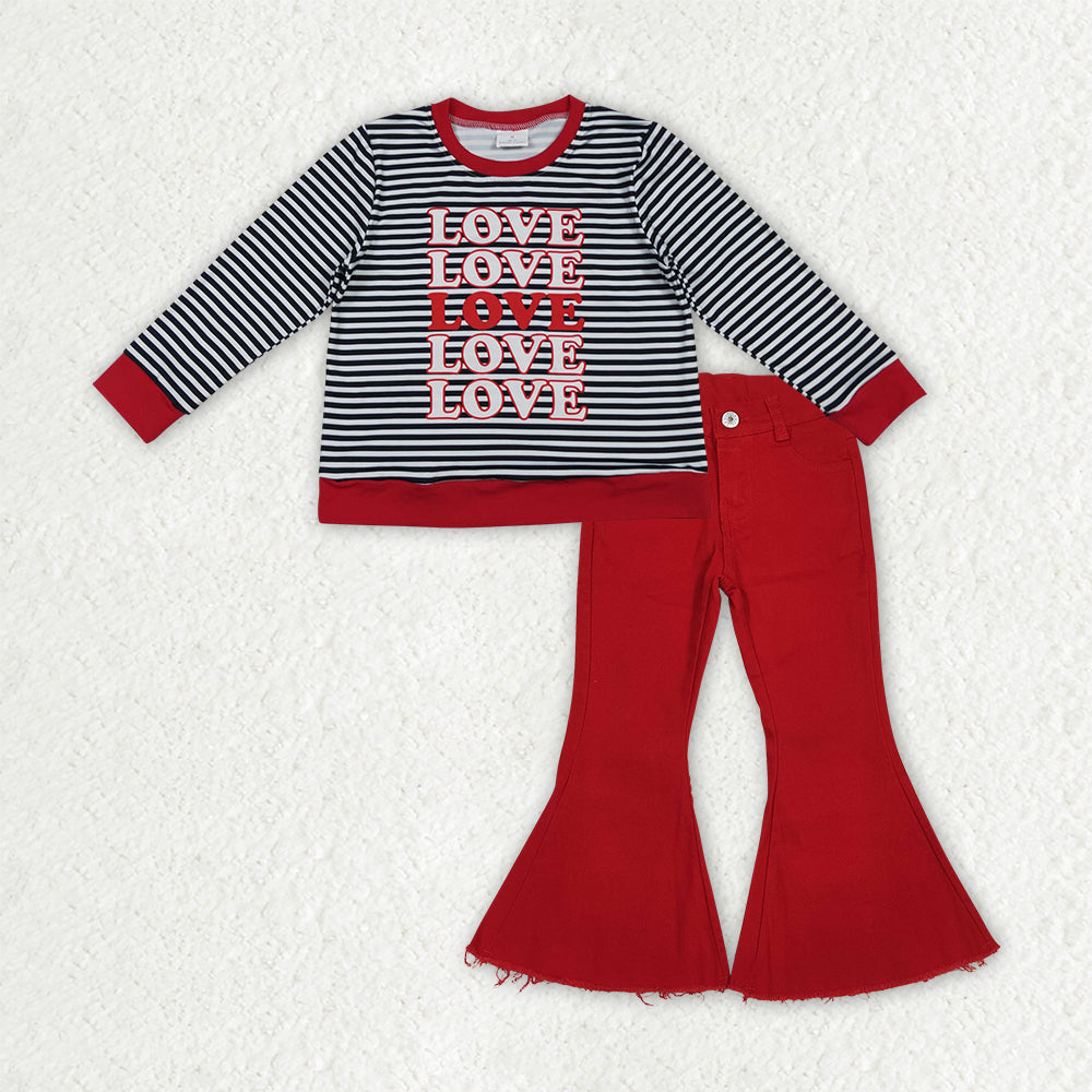 Baby Girls Black Stripe Loves Top Red Denim Bell Bottom Pant Valentines Clothes Sets
