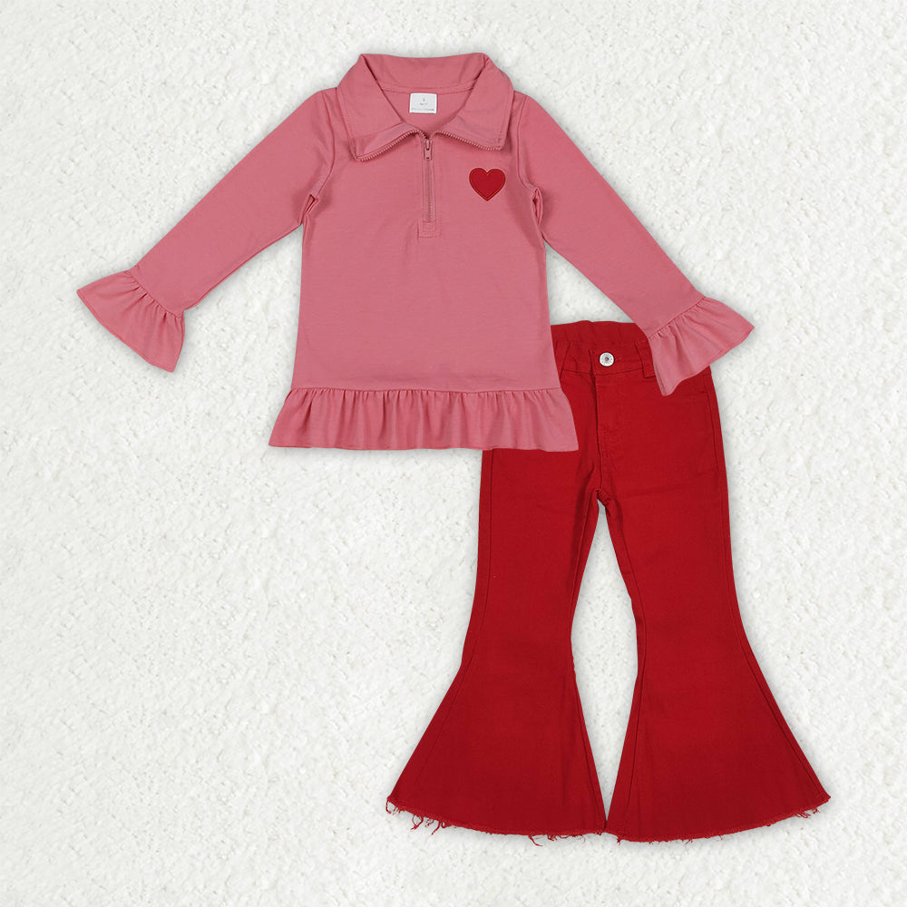 Baby Girls Red Embroidery Hearts Zipper Pullover Denim Bell Bottom Pants Valentines Clothes Sets