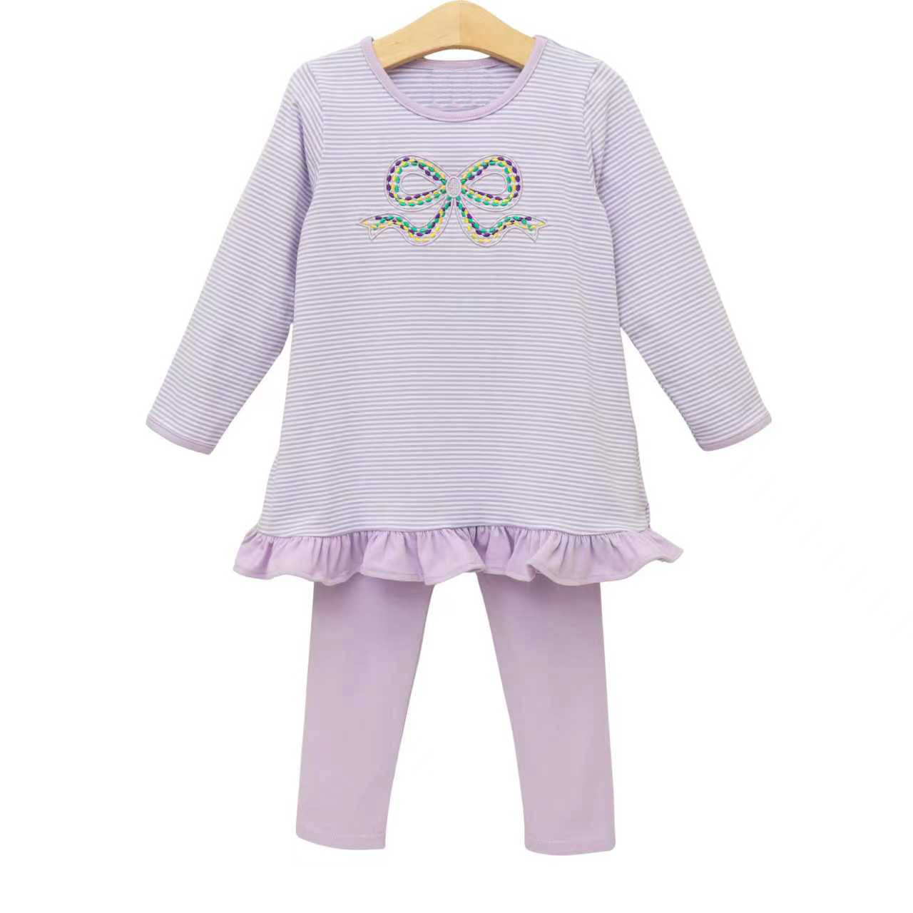 Baby Girls Mardigras Bow Stripe Ruffle Tunic Legging Pants Clothes Sets Preorder