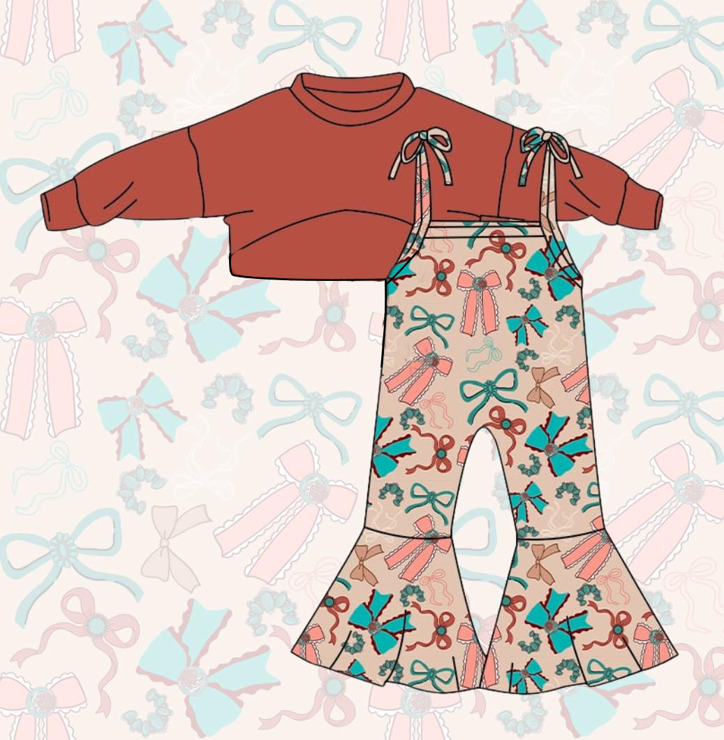 Baby Girls Long Sleeve Top Turquoises Bows Strap Bell Bottom Western Jumpsuits Preorder